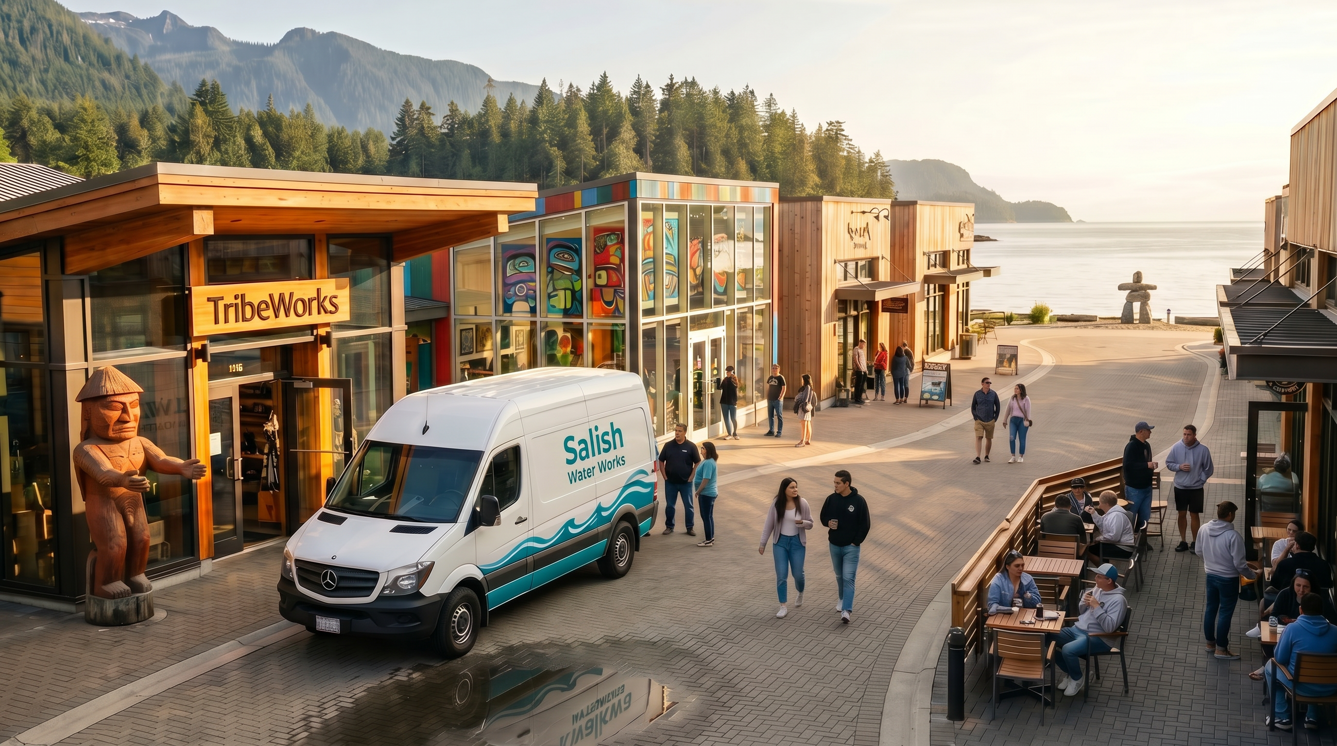 Indigenous community marketplace with Salish Water Works van, TribeWorks storefront, totem pole, and people gathering in a vibrant coastal village